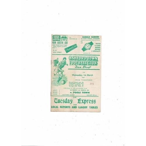 1960/61 Ashford Town (Kent) v Yiewsley Southern League Football Programme
