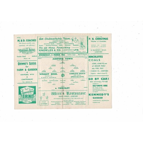 1960/61 Ashford Town (Kent) v Yiewsley Southern League Football Programme