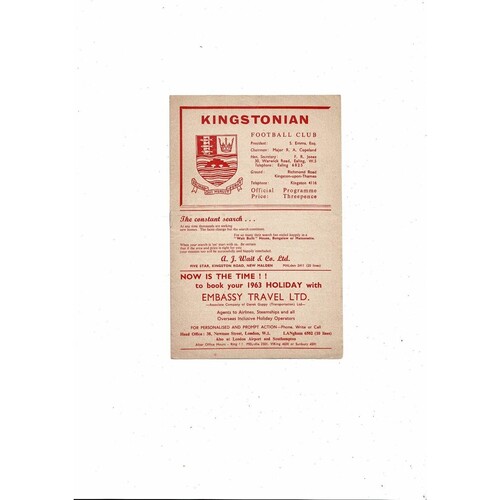 1962/63 Kingstonian v Oxford City Isthmian League Football Programme