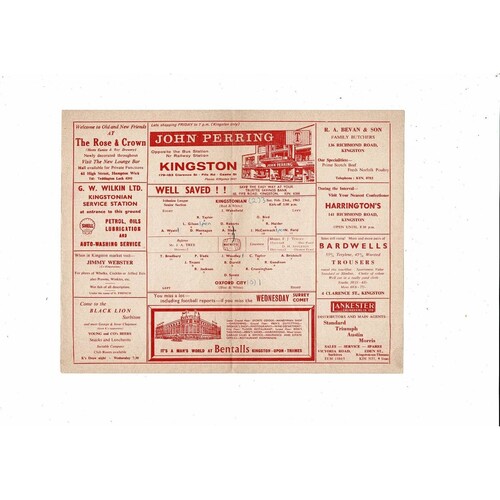 1962/63 Kingstonian v Oxford City Isthmian League Football Programme