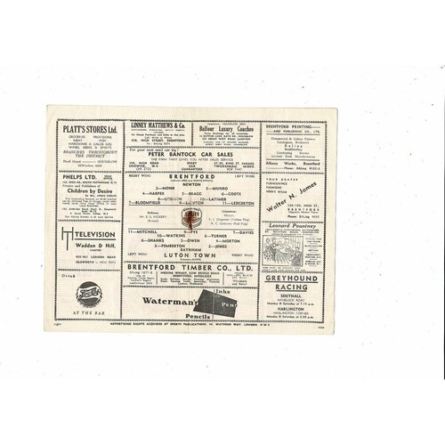 1952/53 Brentford v Luton Town Football Programme