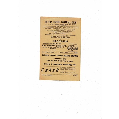 1967/68 Sutton United v Dagenham Amateur Cup Football Programme