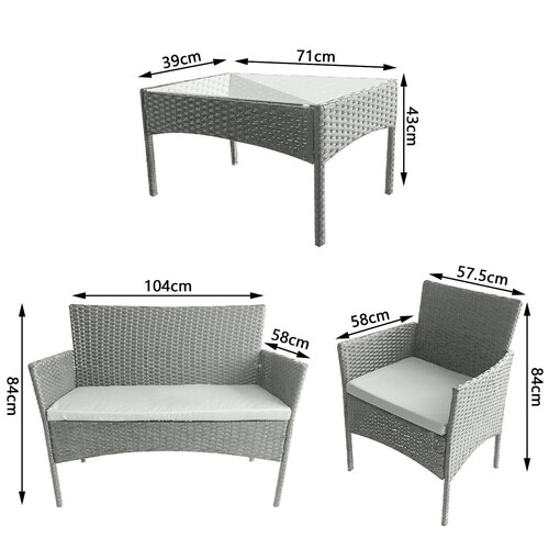 4pcs Rattan Outdoor Garden Furniture Sofa Set Table & Chairs (Roger Grey)