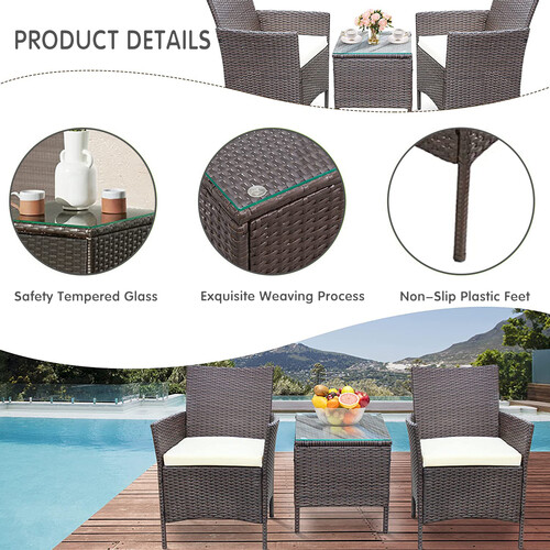 3pcs Rattan Outdoor Garden Furniture Sofa Set Table & Chairs ( Rome Black )