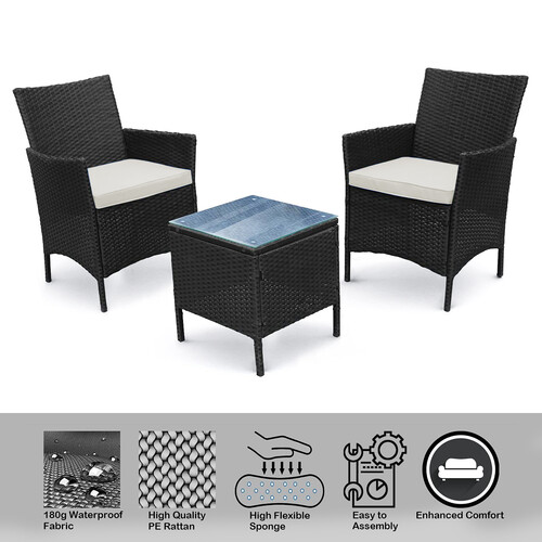 3pcs Rattan Outdoor Garden Furniture Sofa Set Table & Chairs ( Rome Black )