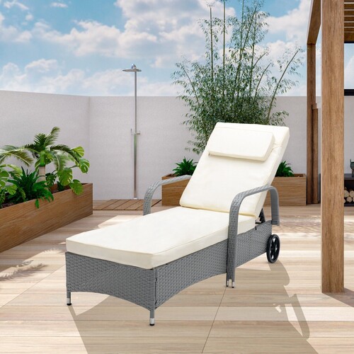 Rattan Sun Lounger Bed Recliner Outdoor Garden Chair (GREY)