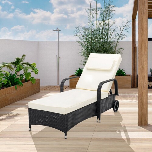 Rattan Sun Lounger Bed Recliner Outdoor Garden Chair (BLACK)