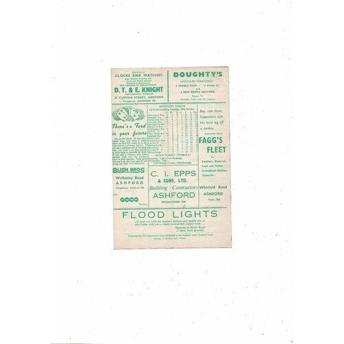 1960/61 Ashford Town (Kent) v Folkestone Town Kent Cup Football Programme