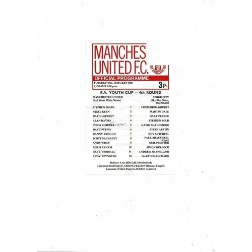 Manchester United v Stoke City FA Youth Cup Football Programme 1979/80