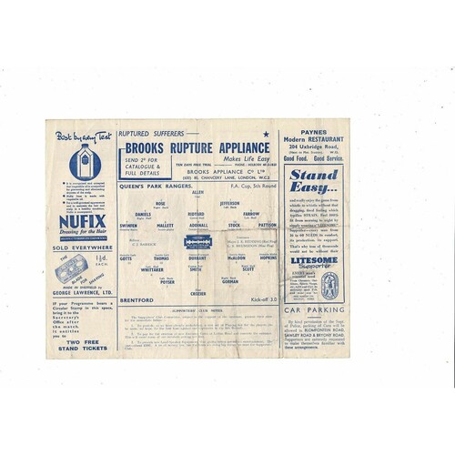 1945/46 Queens Park Rangers v Brentford FA Cup Football Programme