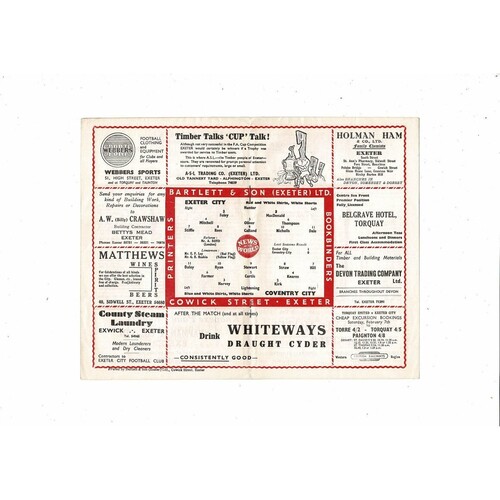 1958/59 Exeter City v Coventry City Football Programme