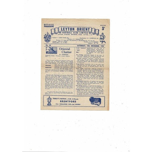 1955/56 Leyton Orient v Brentford FA Cup Football Programme