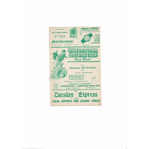 1962/63 Ashford Town v Margate Kent Floodlit Cup Football Programme