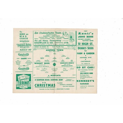 1962/63 Ashford Town v Margate Kent Floodlit Cup Football Programme