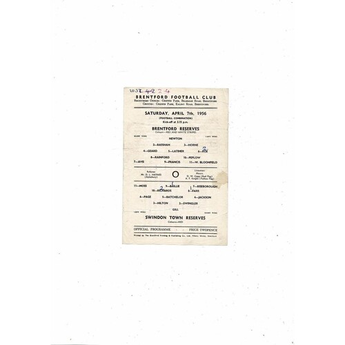 Brentford v Swindon Town Football Combination Programme 1955/56