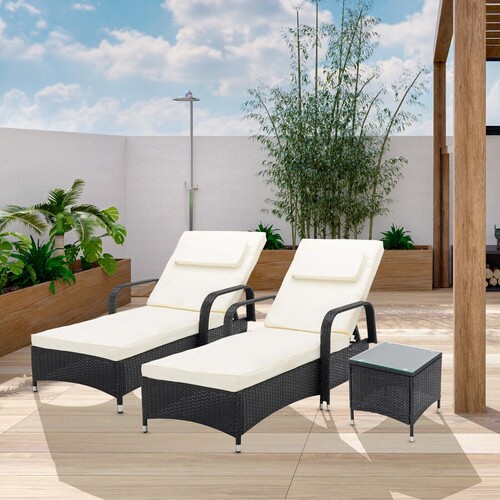 Sun Loungers Set Adjustable Rattan Garden Lounger Bed Recliner Outdoor (Venice Black)