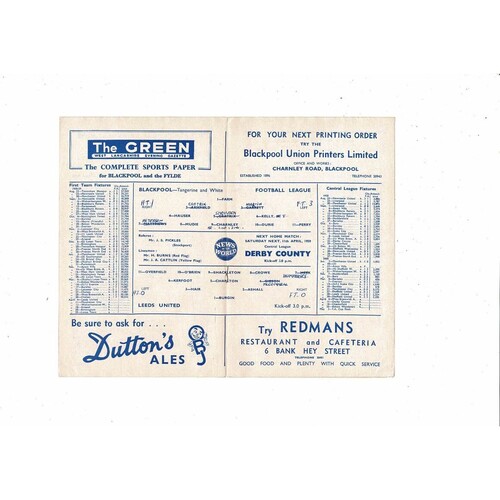 1958/59 Blackpool v Leeds United Football Programme