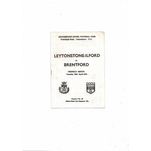 Leytonstone-Ilford v Brentford Friendly Football Programme 1980/81