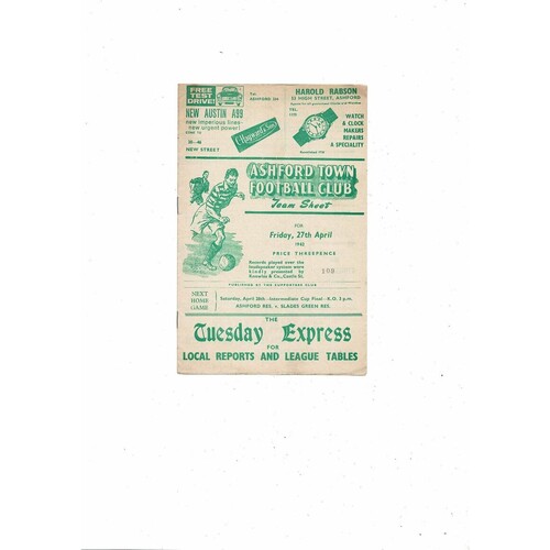 1961/62 Ashford Town (Kent) v Nuneaton Southern League Football Programme