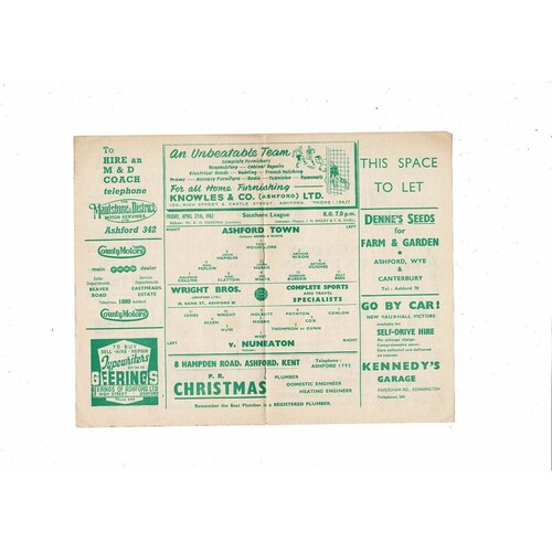 1961/62 Ashford Town (Kent) v Nuneaton Southern League Football Programme
