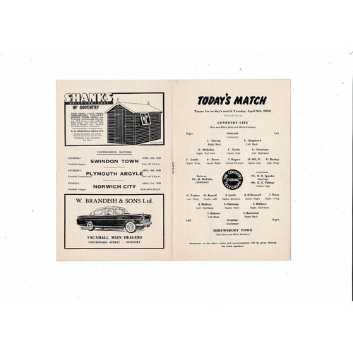 1957/58 Coventry City v Shrewsbury Town Football Programme