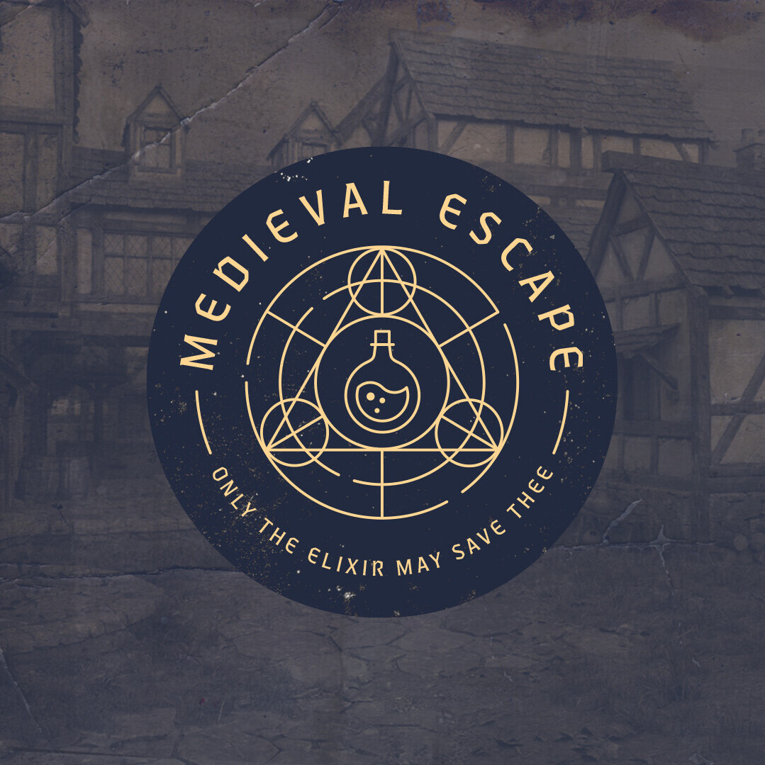 Medieval escape logo with maze and potion in the middle
