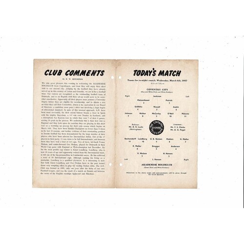 Coventry City v Akademisk Boldklub Friendly Football Programme 1956/57