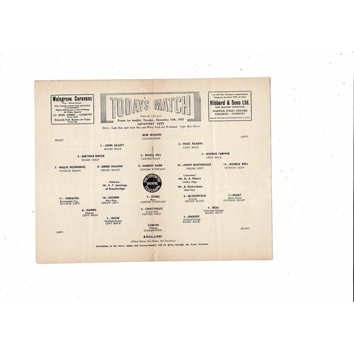 Coventry City v England U18 Friendly Football Programme 1962/63