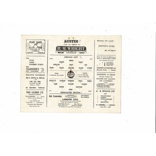 1956/57 Lincoln City v Doncaster Rovers Football Programme