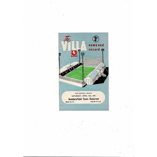 Aston Villa v Huddersfield Town Central League Football Programme 1961/62