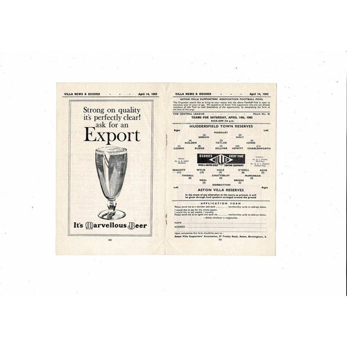 Aston Villa v Huddersfield Town Central League Football Programme 1961/62