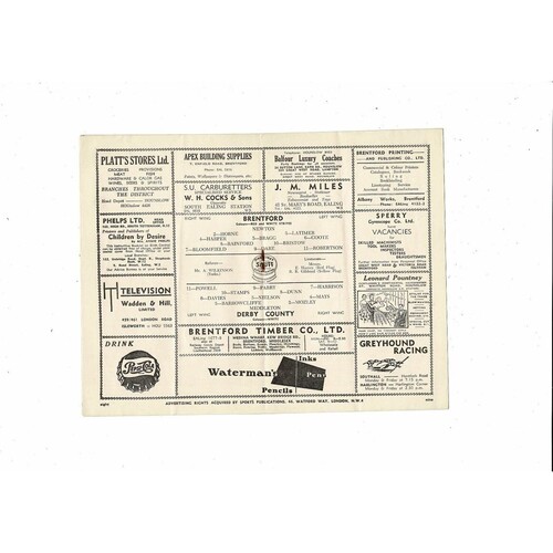 1953/54 Brentford v Derby County Football Programme