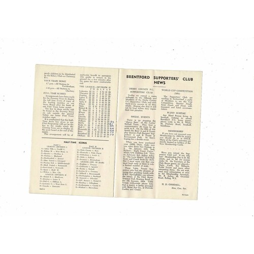 1953/54 Brentford v Derby County Football Programme