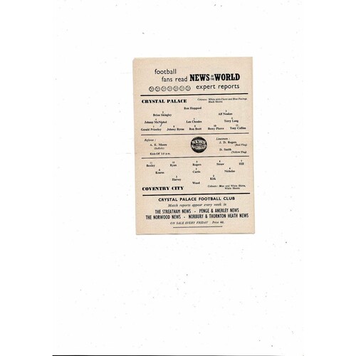 1958/59 Crystal Palace v Coventry City Football Programme