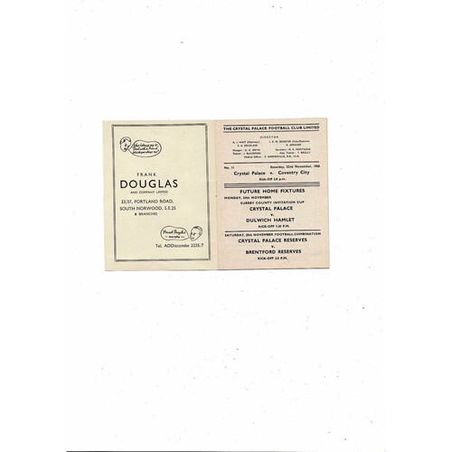 1958/59 Crystal Palace v Coventry City Football Programme