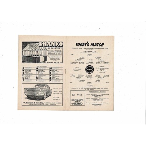 1958/59 Coventry City v Exeter City Football Programme