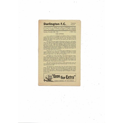 1958/59 Darlington v Port Vale Football Programme