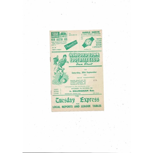 1961/62 Ashford Town (Kent) v Wisbech Town Southern League Football Programme