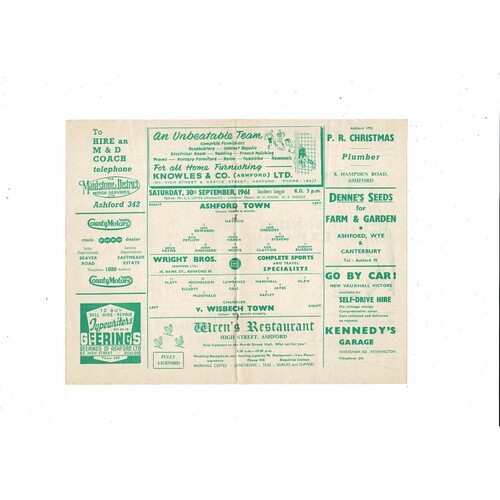 1961/62 Ashford Town (Kent) v Wisbech Town Southern League Football Programme