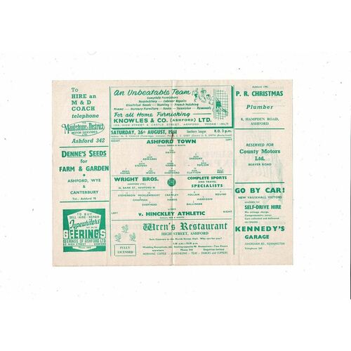 1961/62 Ashford Town (Kent) v Hinckley Athletic Southern League Football Programme
