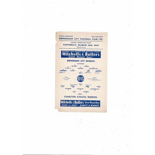 Birmingham City v Charlton Athletic Football Combination Programme 1956/57
