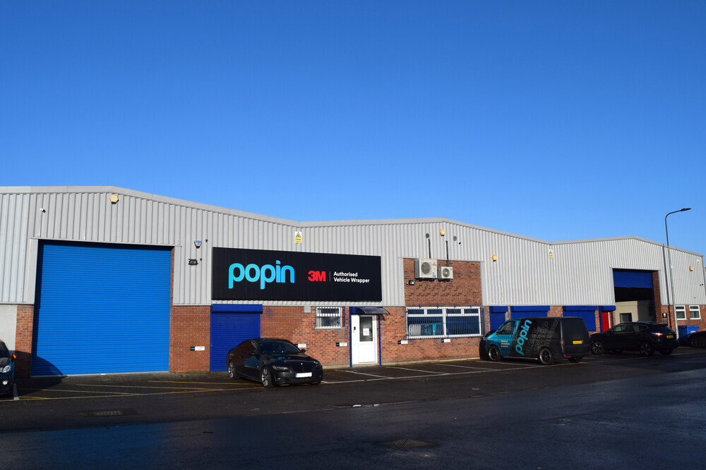 Main entrance to the Popin Graphics vehicle wrapping & vinyl graphics facility in Cardiff, South Wales