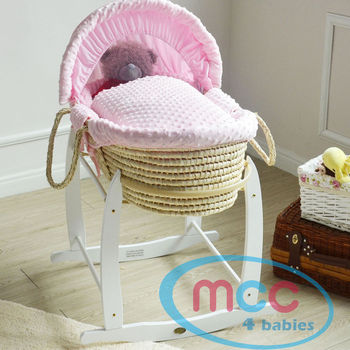 Full Set Deluxe Palm Moses Basket With Pink Cotton Dressing & Rocking Stand