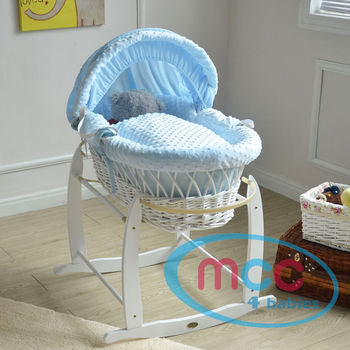 Full Set Deluxe White Wicker Moses Basket With Blue Cotton Dressing & Rocking Stand