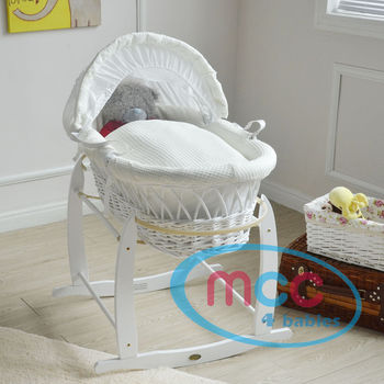 Full Set Deluxe White Wicker Moses Basket With Cream Cotton Dressing & Rocking Stand