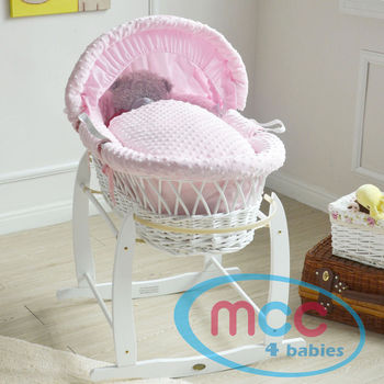 Full Set Deluxe White Wicker Moses Basket With Pink Cotton Dressing & Rocking Stand