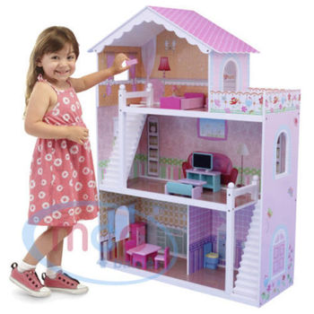 Wooden Kids Doll House With Furniture & Staircase