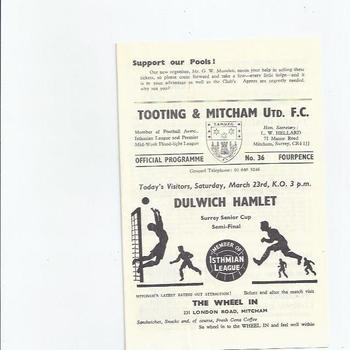 1967/68 Tooting & Mitcham United v Dulwich Hamlet Surrey Senior Cup Semi Final Football Programme