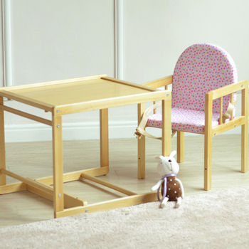 Pink 3 In 1 Baby Wooden High Chair With Play Table Cushion & Harness