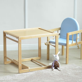 Blue 3 In 1 Baby Wooden High Chair With Play Table Cushion & Harness